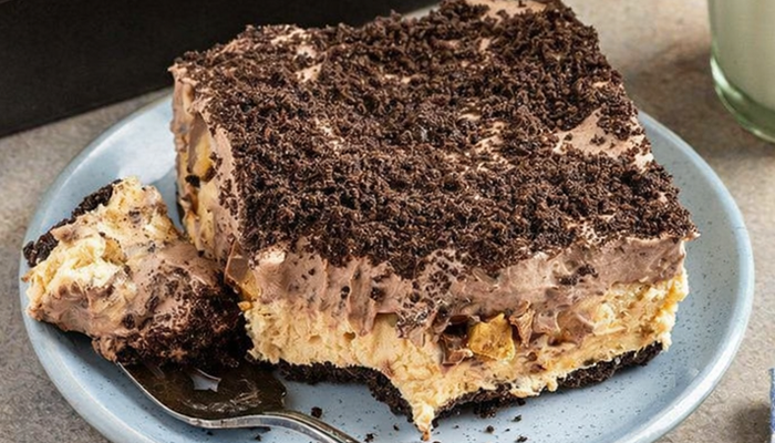 chocolate peanut butter dessert bar served on a plate with a fork